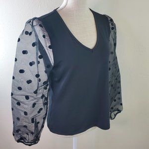 Design History Apparel Womens Black Sheer Dot Sleeve V-Neck Blouse